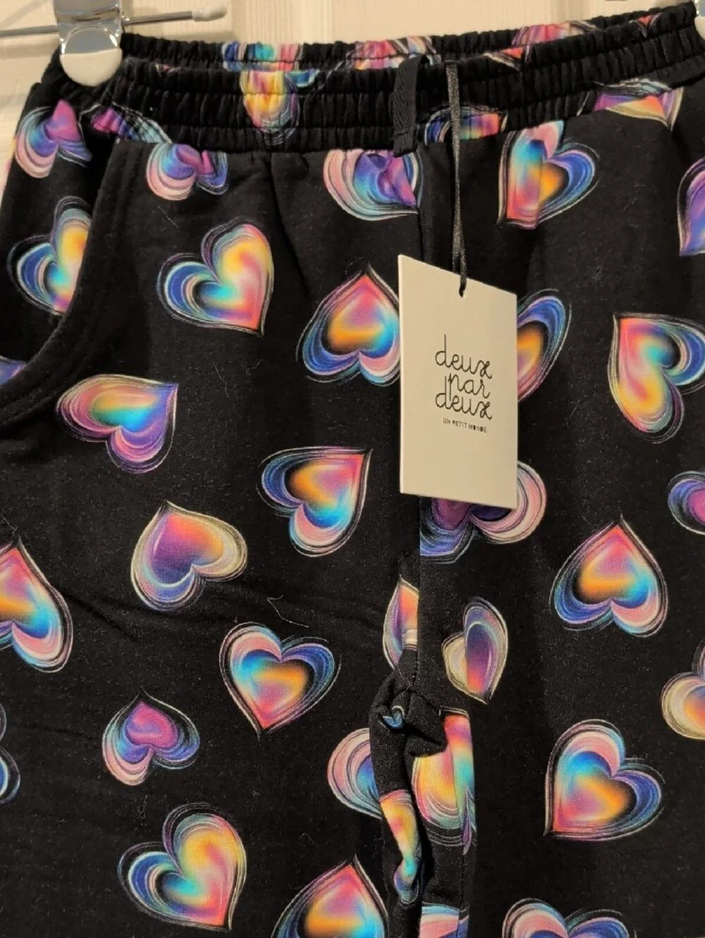deux par deux Black Hoodie & Bottoms with Rainbow Hearts is cozy & cheerful! NWT